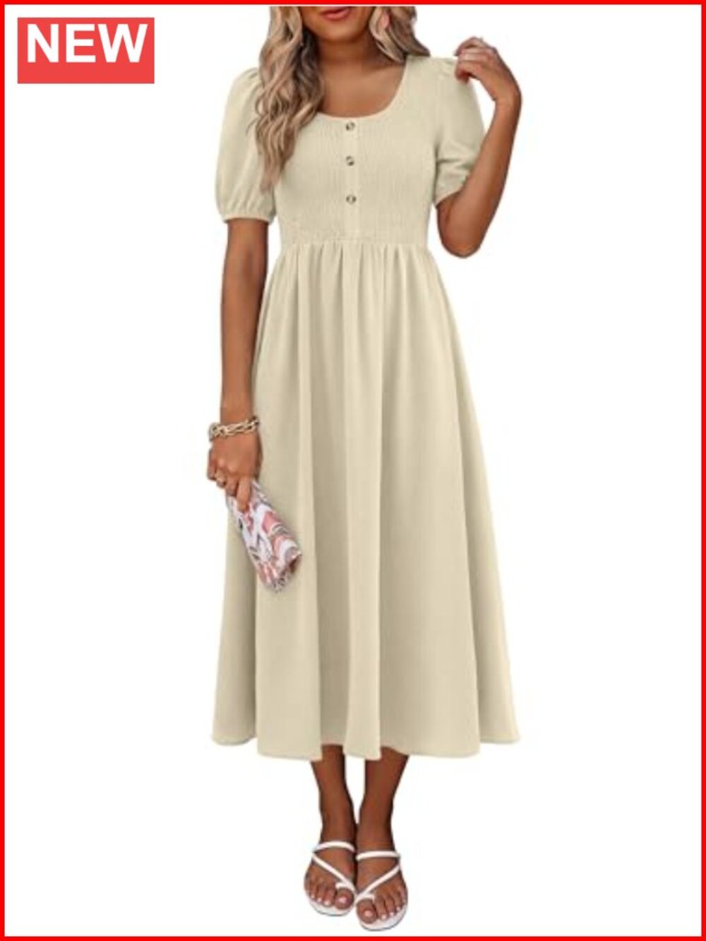 Women's Summer Midi Dress with Pockets Scoop Neck Short Puff Sleeve Casual